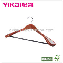 Cherry color wooden coat hanger with wide shoulders and round bar